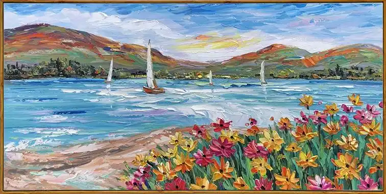 风和日丽 纯手绘油画 客厅现代美式风景横版厚颜料刀画原创装饰画