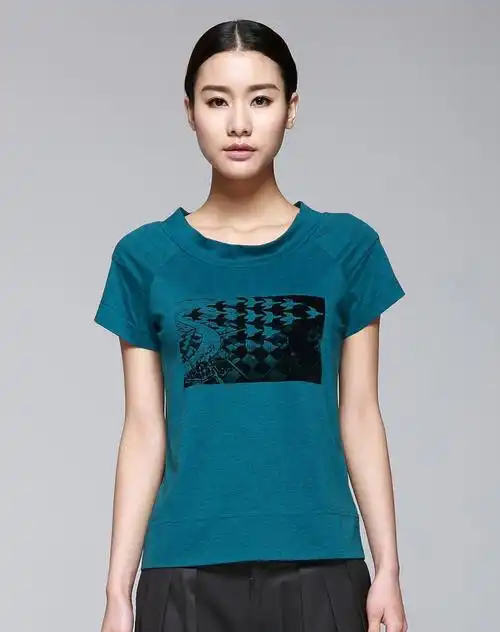 深青绿色圆领印图短袖t恤-唯品会