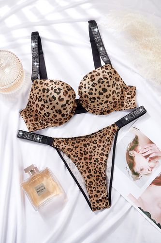 跨境外贸维多豹纹文胸套装烫钻有钢圈聚拢调整型少女内衣套装性感