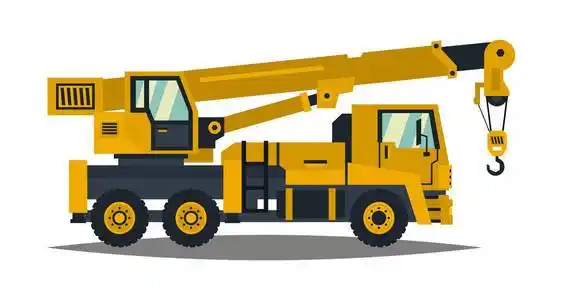 起重机升降机处理集装箱箱装载到仓库起重机卡车图标, 卡通风格基坑内