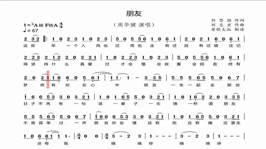 简谱视唱周华健朋友有声简谱