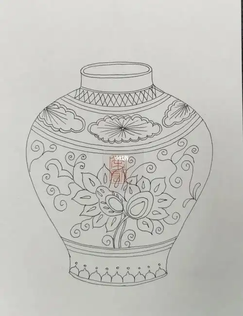 国风元素线稿100幅瓷器花瓶no31