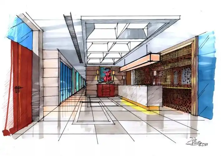 效果图参考设计公司前台手绘表现步骤1:确定大的透视关系框架,不要