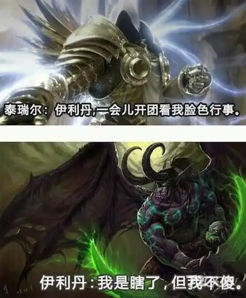 这梗的表情包中往往是泰瑞尔让瞎了的伊利丹,一会打团看自己的脸色行