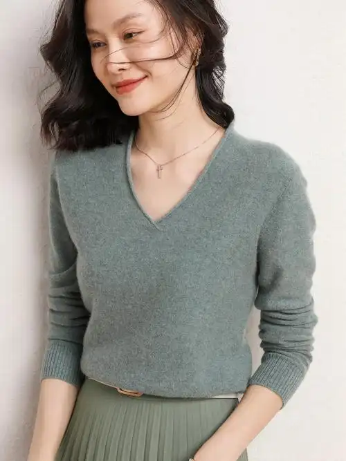 2021秋冬新款羊绒衫女薄款打底v领毛衣短款修身羊毛针织衫鸡心领