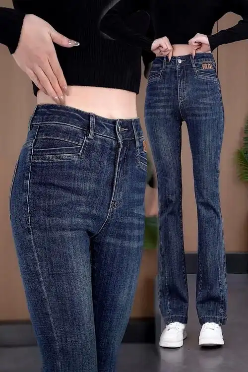 女2023秋季复古牛仔裤微喇长裤新款高腰显瘦弹力小个子刺绣喇叭裤