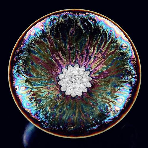 甲盏窑 李甲栈 曜变孔雀天目盏建盏纯银饰杯功夫品茗杯茶杯主人杯