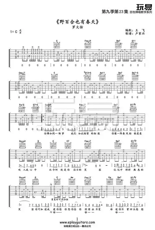 《野百合也有春天》吉他谱_罗大佑_c调原版弹唱谱