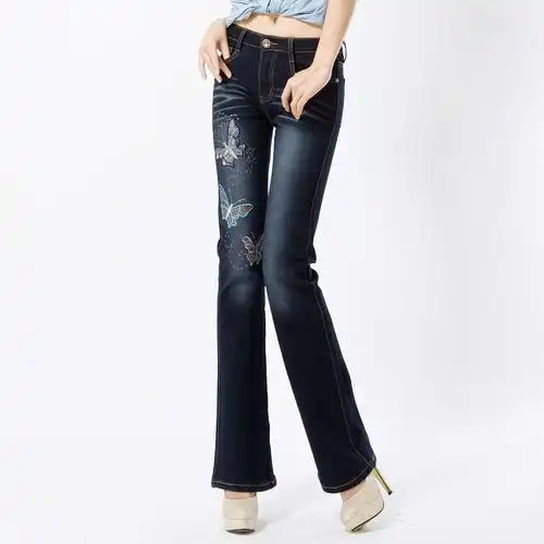 ferzige 风姿歌 立体蝴蝶刺绣修身微喇叭有大码 绣花牛仔裤 女装 3105