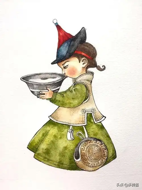 水彩入门级【喝牛奶的蒙古族小孩】怎么画?