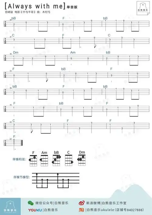 alwayswithme千与千寻主题曲尤克里里吉他合奏曲谱教程