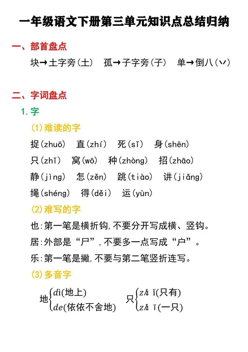 一年级语文下册第三单元知识点总结归纳.