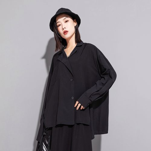 山本耀司暗黑设计师原创宽松中长款不规则下摆单排扣翻领长袖衬衫