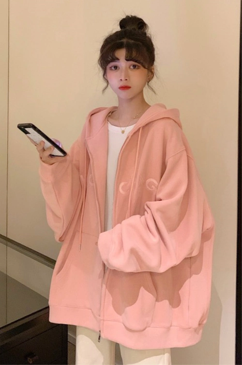 粉色卫衣女宽松韩版开衫外套2021新款百搭薄款上衣服潮ins