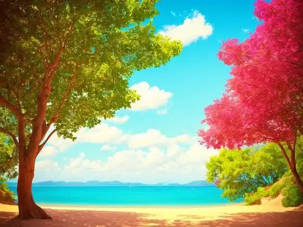 一个宽阔的海滩,阳光洒在金色的沙滩上