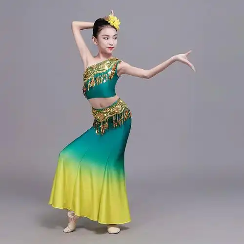 新款儿童傣族舞蹈演出服女童傣族孔雀舞包臀鱼尾裙少儿优质表演服