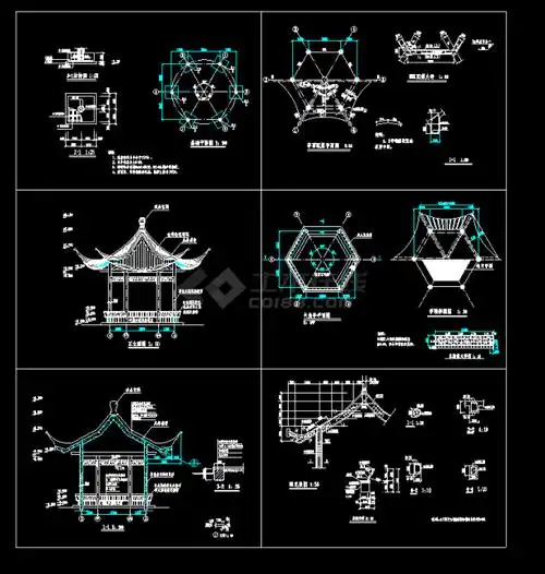 钢筋混凝土六角亭cad详细设计施工图纸