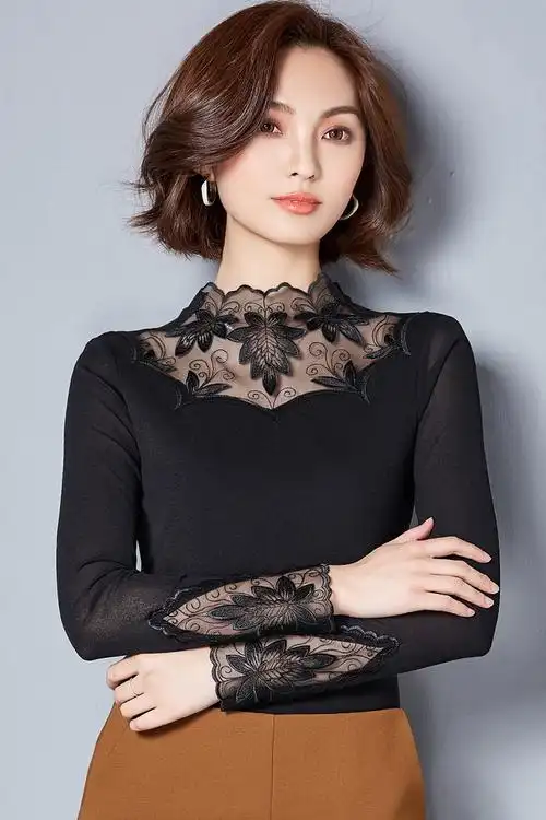 蕾丝打底衫女长袖2017秋装新款韩版大码镂空网纱小衫百搭修身上衣