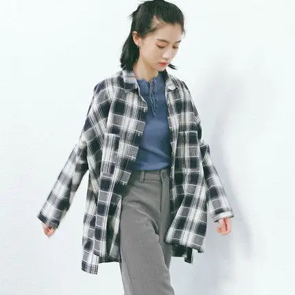 黑白格子长袖衬衫外套女2018秋装新款韩版宽松学生休闲外搭上衣bf
