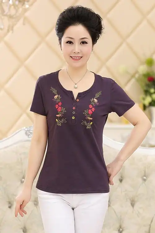 own style2015夏装新款妈妈装棉质绣花桃子领短袖t恤中年女式舒适上衣
