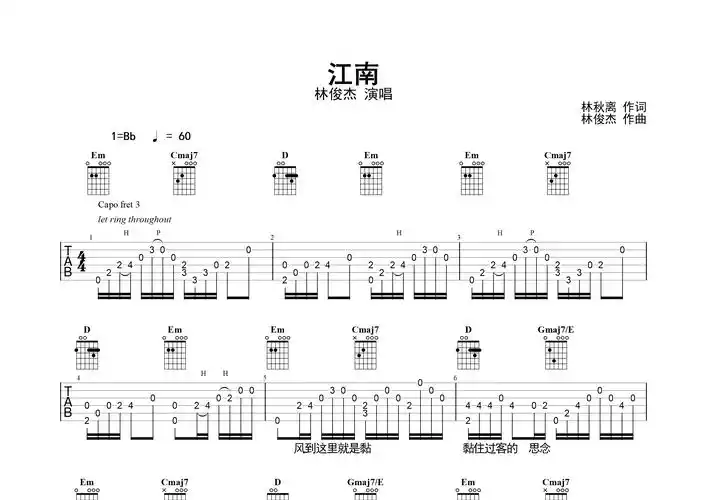 江南指弹吉他谱_林俊杰_标准调弦吉他指弹六线谱_弹走鱼尾纹编配