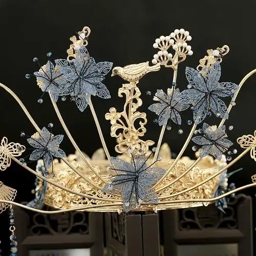 中式新娘秀禾头饰蓝色流苏凤冠大气步摇古装秀禾服饰品结婚配饰女