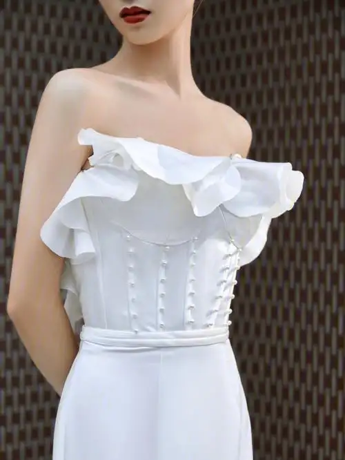 抹胸一字肩珍珠缎面鱼尾裙拉长腰线显身材