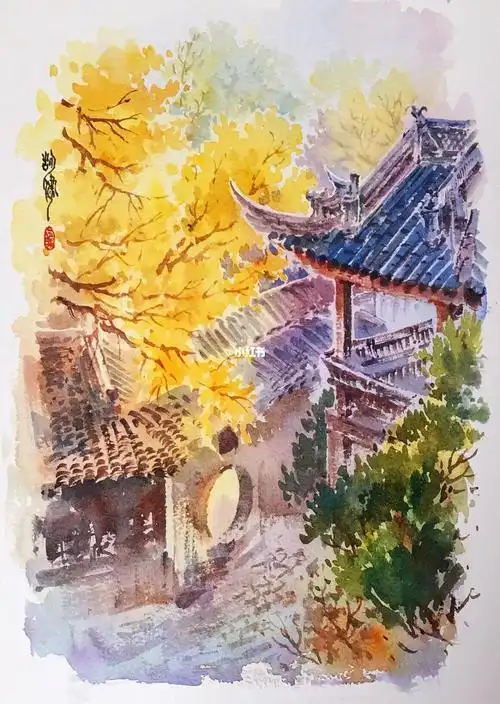 国风水彩建筑速涂练习步骤