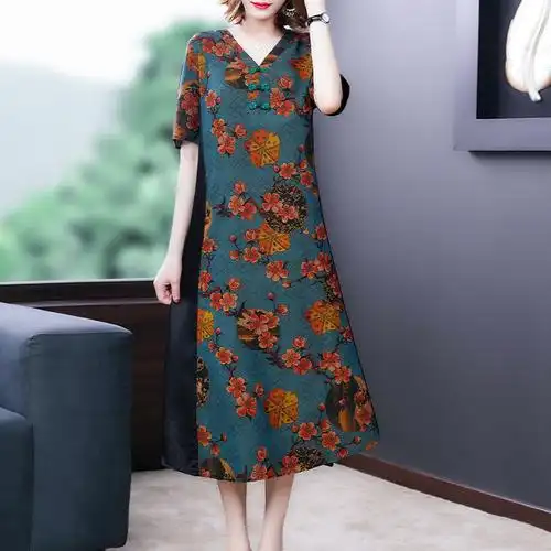 高腰复古真丝连衣裙图片