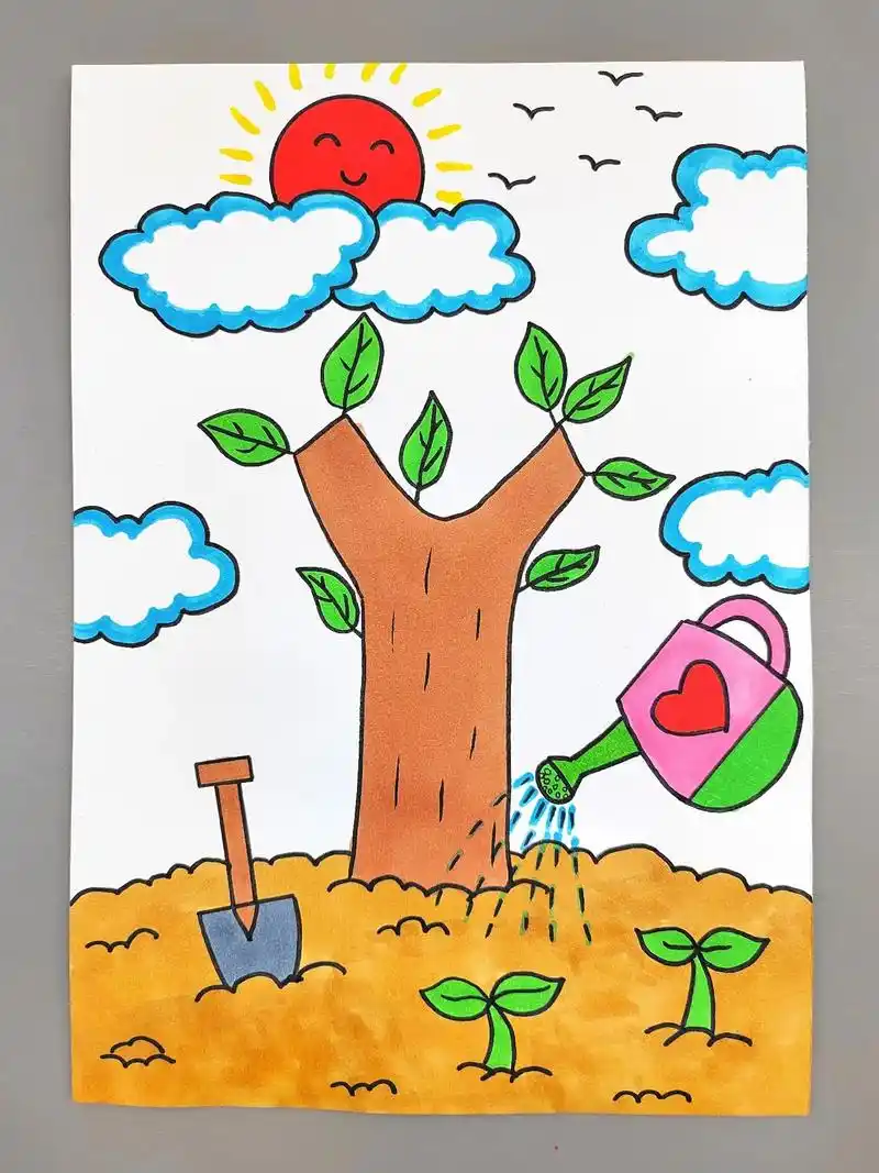 植树节主题创意画! 植树节快到了,我们一起种下小树苗,来爱护 - 抖音