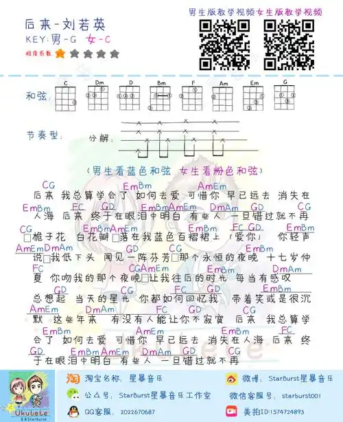 刘若英《后来》尤克里里谱_g调男生版_c调女生版_ukulele和弦谱_乌克