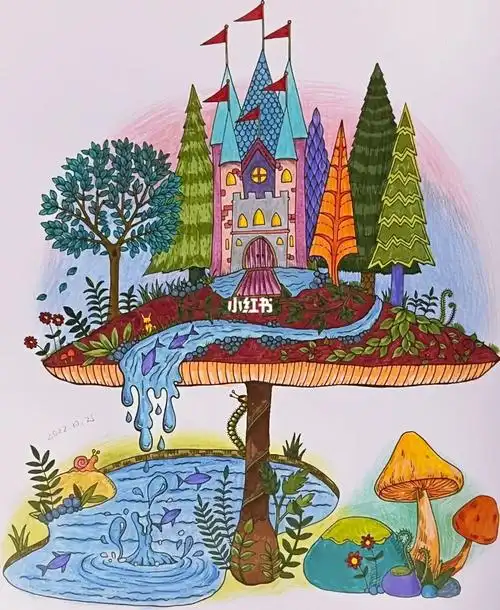 加了小水塘和小蘑菇#魔法森林  #秘密花园  #涂色  #魔法森林填色本