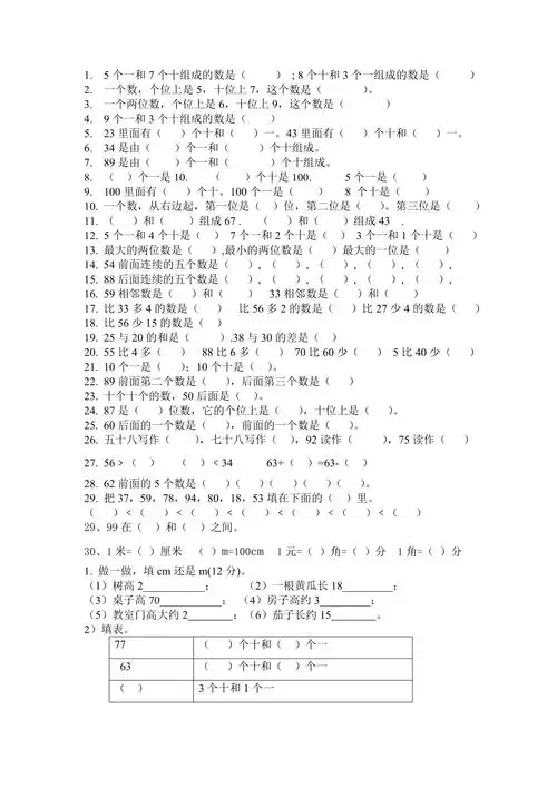 一年级数学下册100以内数填空题1