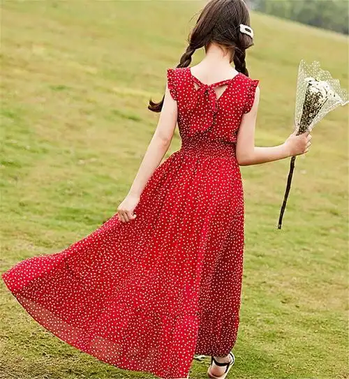 女童连衣裙儿童裙子长裙雪纺沙滩裙红色2019新款大童女孩洋气夏装