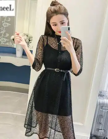 2018新款春夏装初中学生蕾丝休闲镂空连衣裙少女韩版气质两件套装女