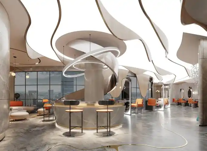 圆弧曲径水吧台是连接室内外的过渡地带,也是提供给顾客留影的场景之