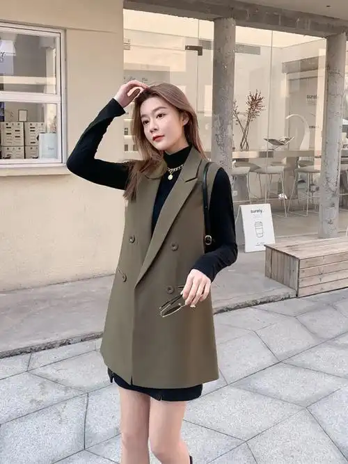 西装马甲女小个子中长款2021春秋新款韩版双排扣气质职业炸街马夹