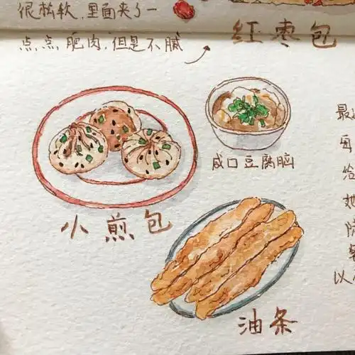78美食手帐钢笔淡彩附线稿丰富的早餐啊