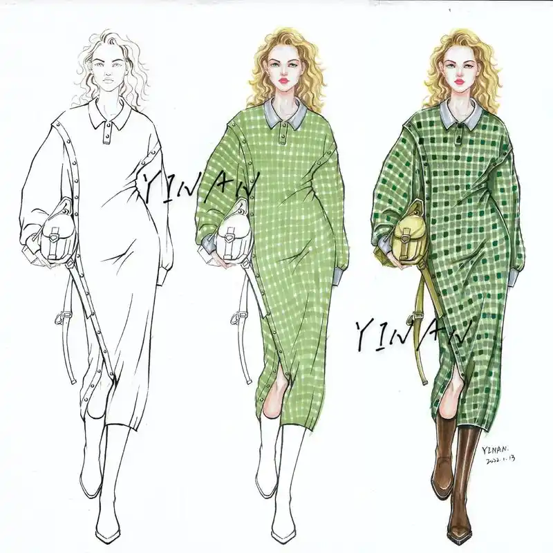 服装效果图格子面料绘画教程.#创作灵感 #手绘 #服装设计  - 抖音