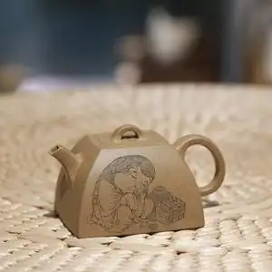 宜兴工艺师张重庆刻绘人物睡觉眠云四方紫砂壶小容量方壶原矿段泥