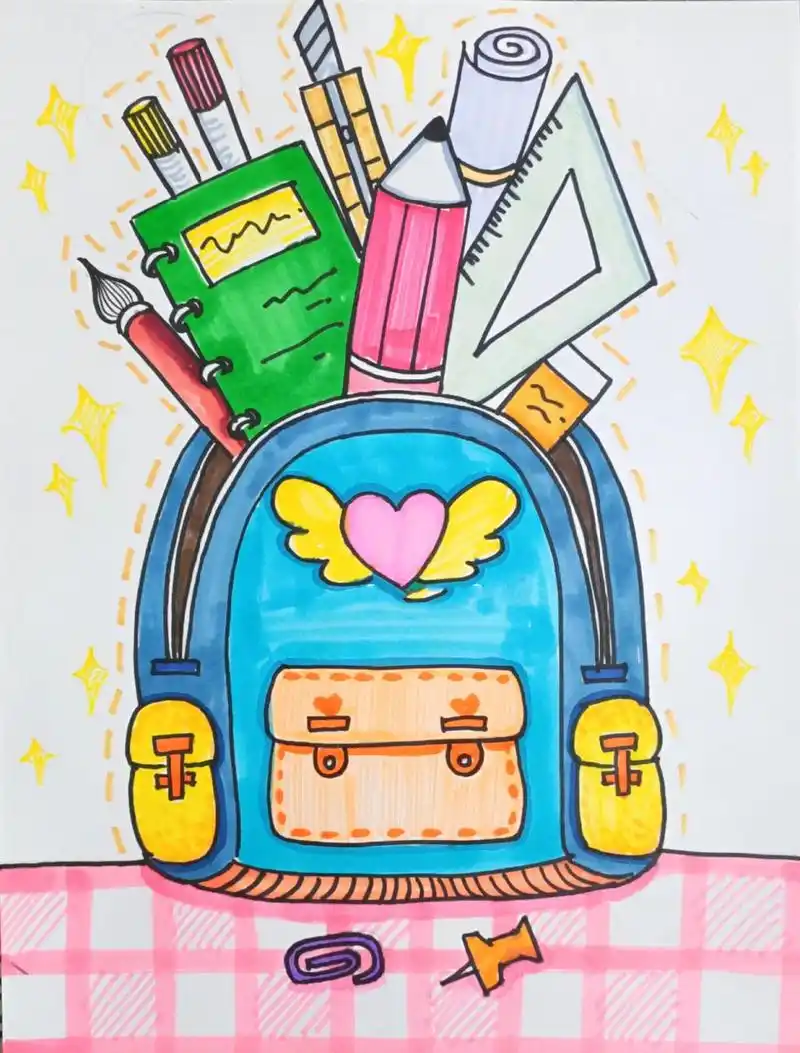 儿童画创意画我的漂亮书包文具家族 临摹