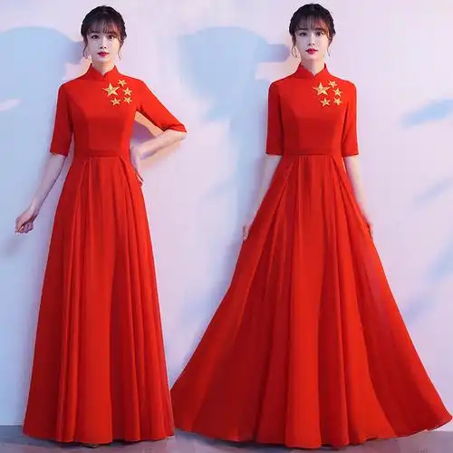 大合唱团演出服女长裙唱红歌表演服装合唱队比赛礼服红色长款学生