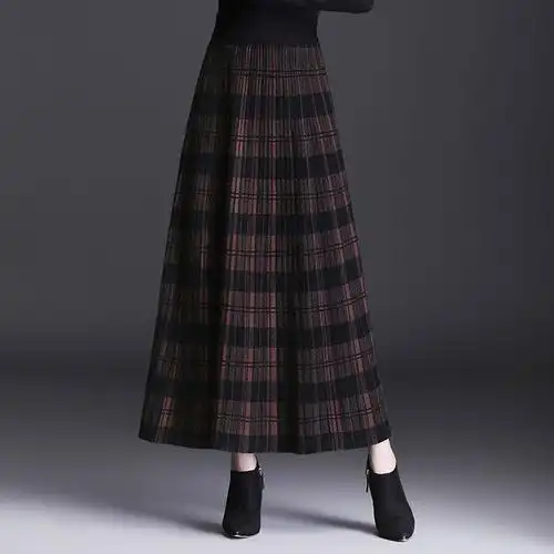 针织半身裙女冬天配毛衣羊毛裙中长款大摆a字裙厚款毛线格子长裙