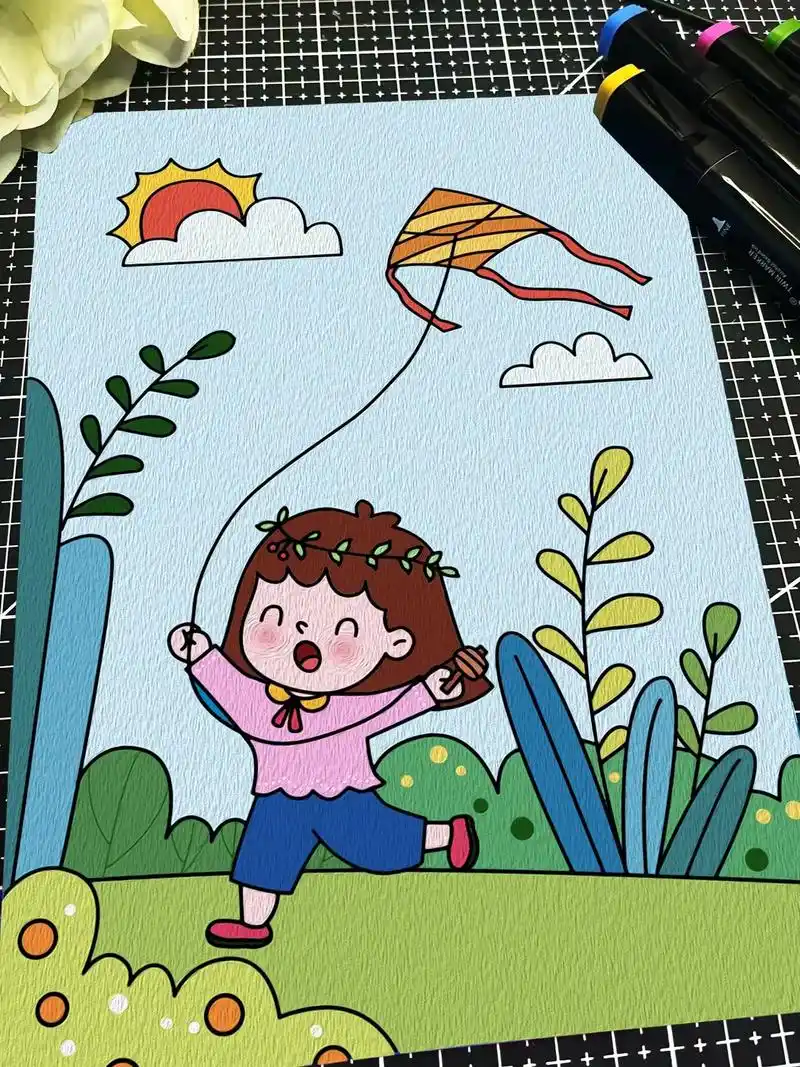 和我一起画放风筝的小女孩,快和爸爸妈妈一 - 抖音