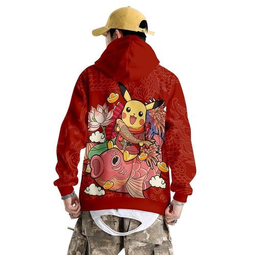 动漫新年喜庆皮卡丘3d全彩图案连帽卫衣男女红色可爱卡通衣服秋冬【3