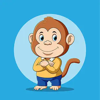 猴子站着,穿着黄色 t 恤摆姿势,笑容灿烂