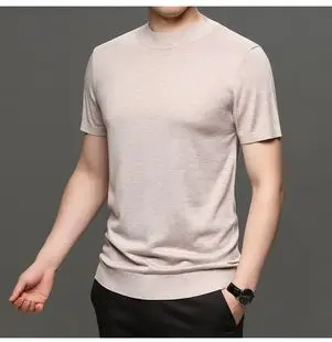 短袖毛衣男士半袖针织衫羊绒秋冬季半高领羊毛衫男半截袖桑蚕丝潮