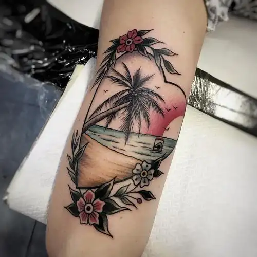 大臂oldschool爱心椰子树纹身图案