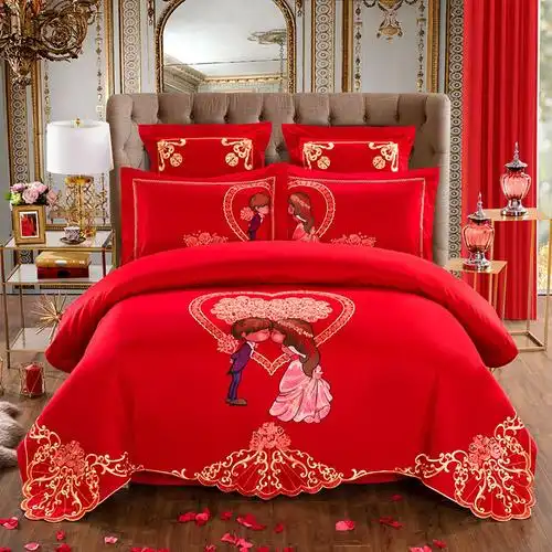 全棉刺绣新婚床品40支纯棉结婚四六件套纯棉绣花新婚结婚床上用品套件