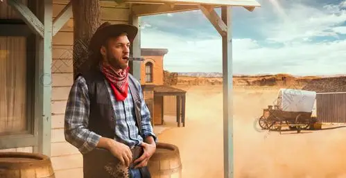 残酷的牛仔在轿车入口处抽雪茄背景上的沙漠谷西部在国家狂野的西部